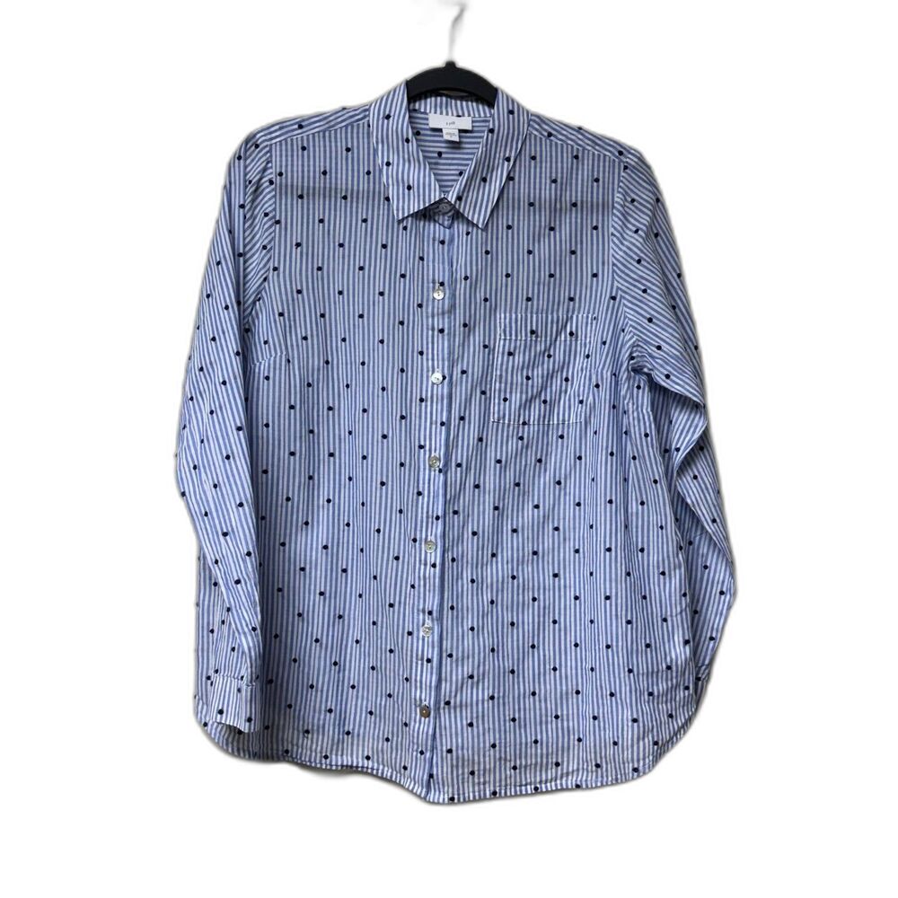 J. JILL Blue/White Striped Textured Polka Dot Button Down Shirt, Sz M